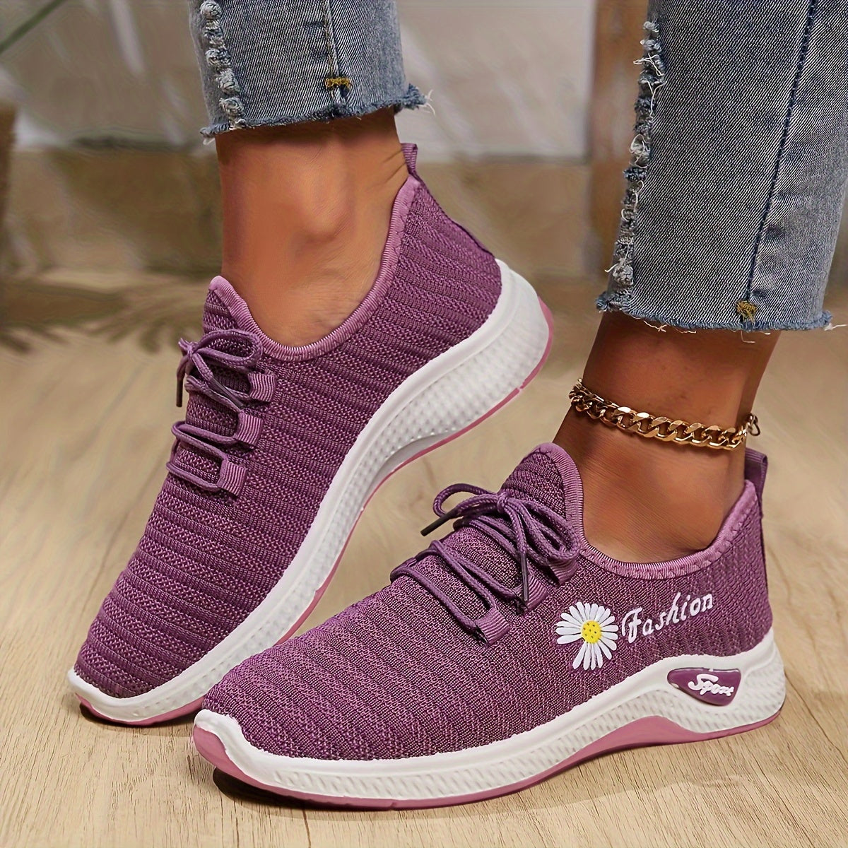 Women's Floral Pattern Lace-Up Sneakers Breathable Soft Sole Running Shoes