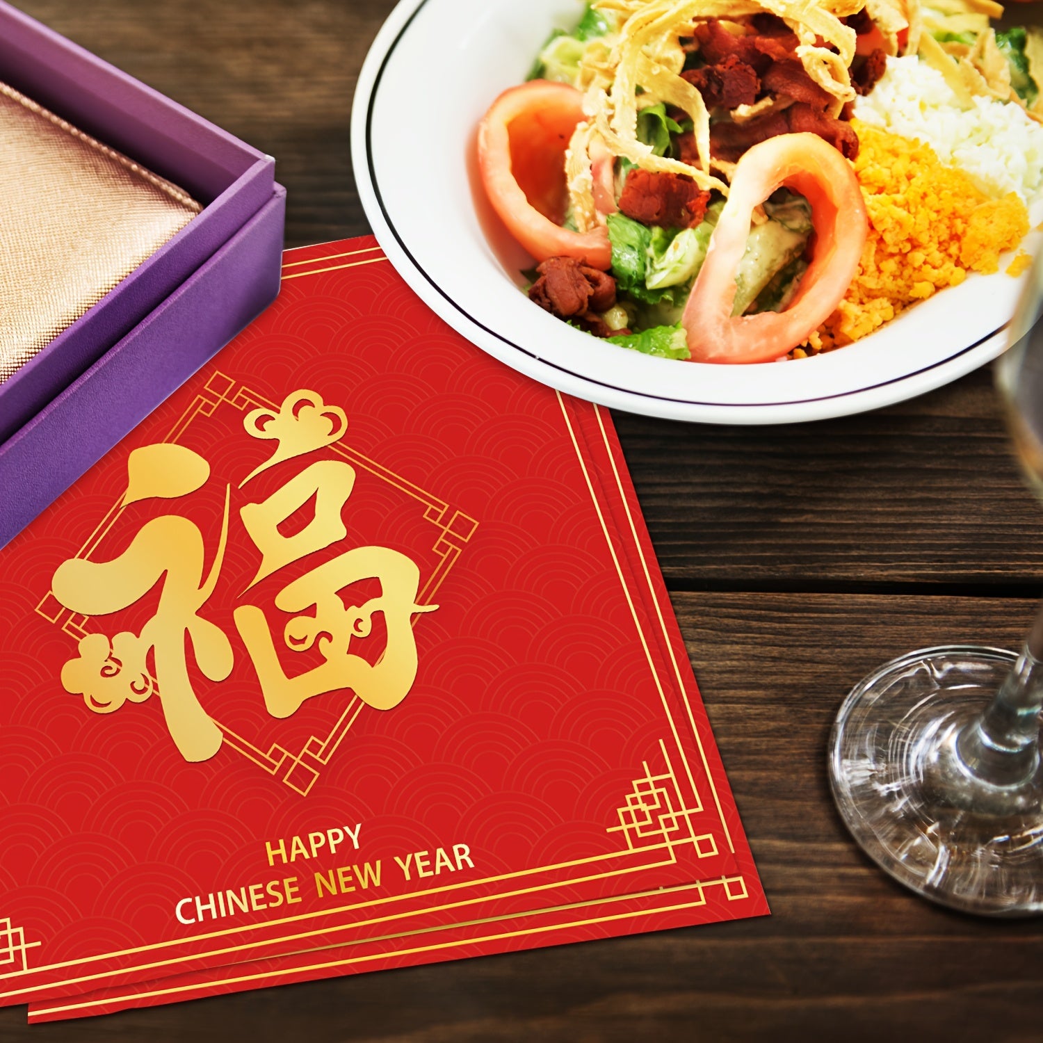 Red Chinese New Year Napkins 3-Ply Multi-Fold Fu Character Gold Accents Festive