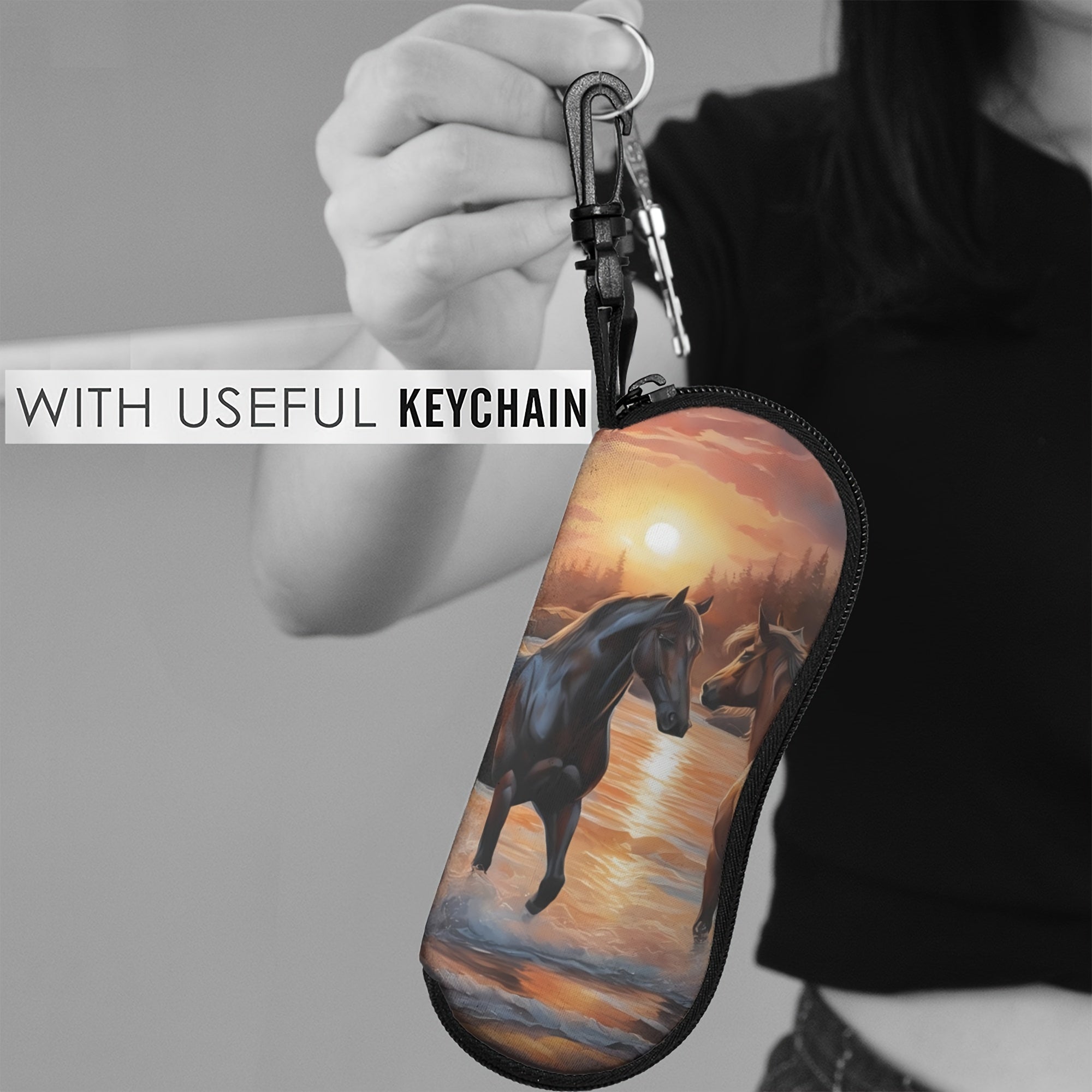 Horse Patterned Glasses Case Neoprene Eyewear Pouch with Zipper and Belt Clip