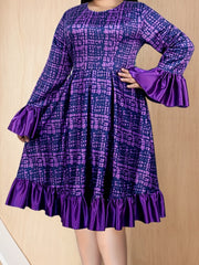 Plus Size Flutter Sleeve Midi Bridesmaid Dress Polyester Knit Plaid Fit and Flare