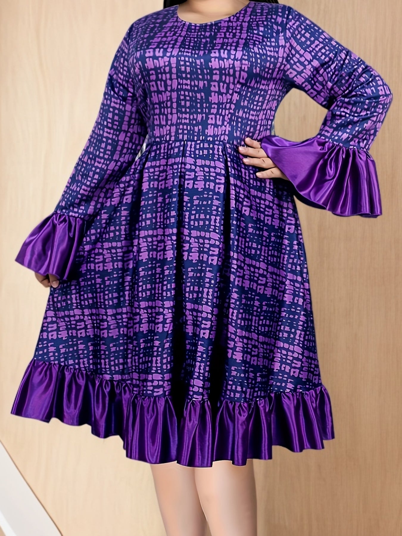 Plus Size Flutter Sleeve Midi Bridesmaid Dress Polyester Knit Plaid Fit and Flare