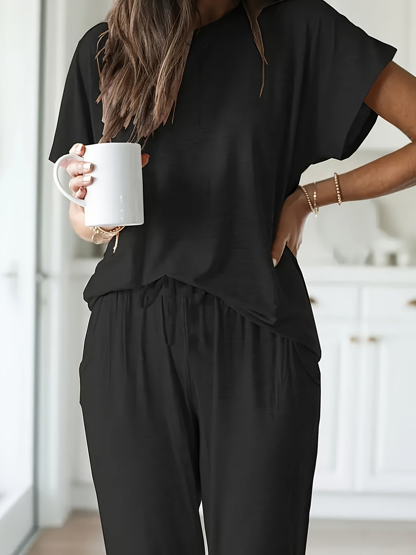 Women's Plus Lounge Set Solid Round Neck Top and Drawstring Pants