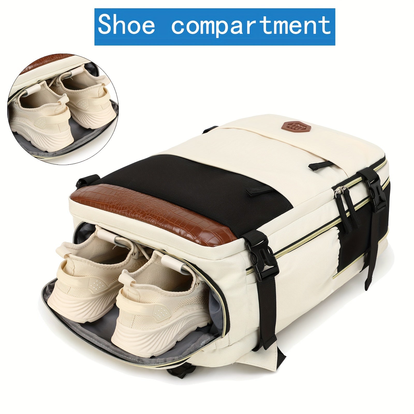 Ayollar uchun sayohat backpacki, poyabzal bo'limi bilan, noutbuk sumkasi, sozlanadigan kamar, zip yopilishi