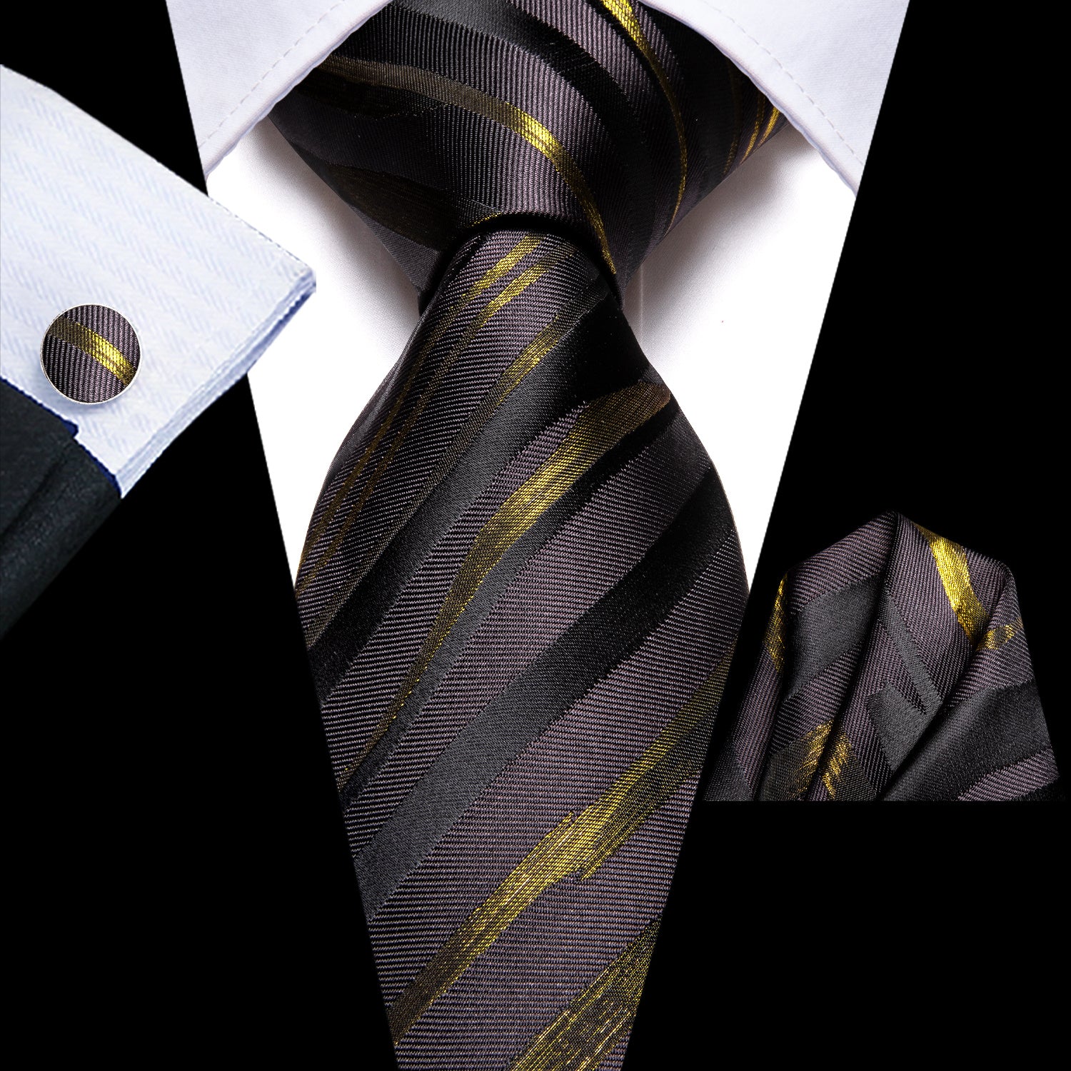 Striped Necktie Set with Cufflinks for Business, Parties, Weddings