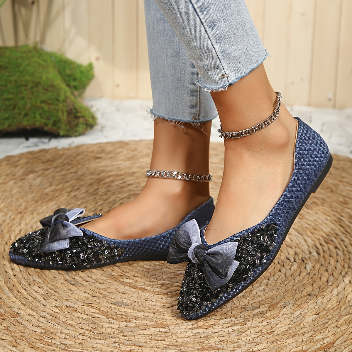 Women's Glittery Sequin Slip-On Flats with Bowknot and Non-Slip Sole