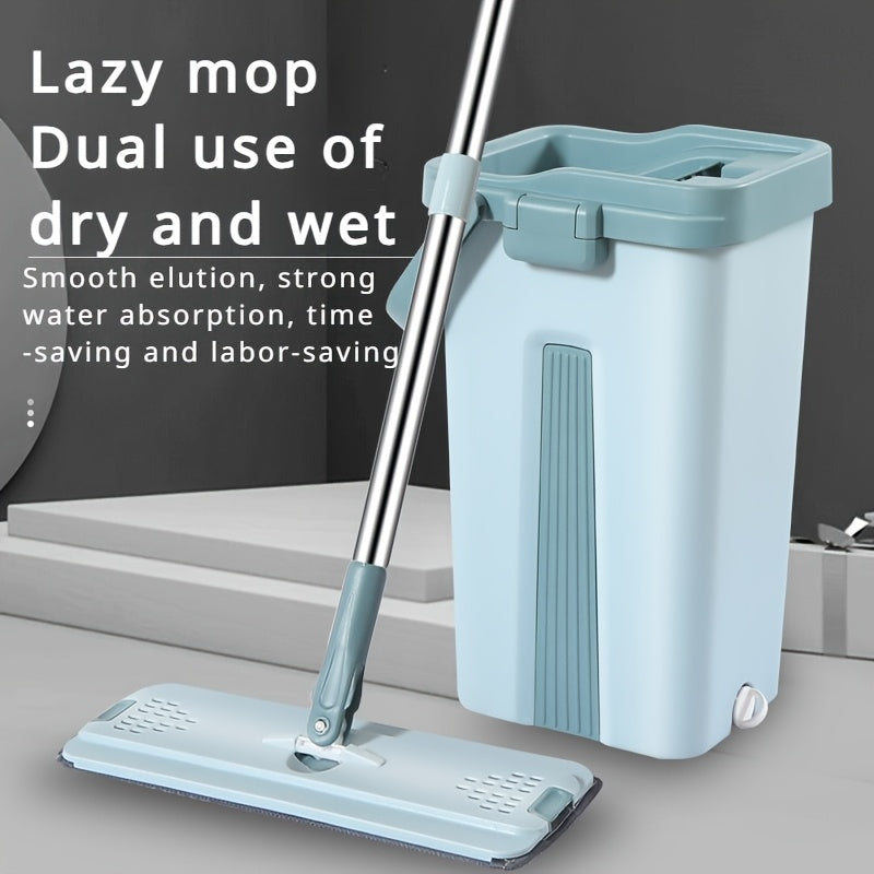 Flat Floor Mop Set with Reusable Pads, Dual Wet and Dry, Self-Wringing Bucket