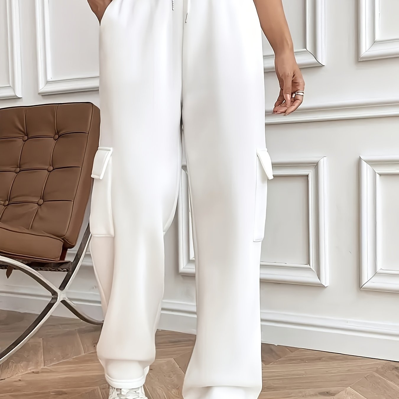 Pantalones deportivos de pierna ancha para mujer con cintura alta, cordón y bolsillos, otoño e invierno, poliéster