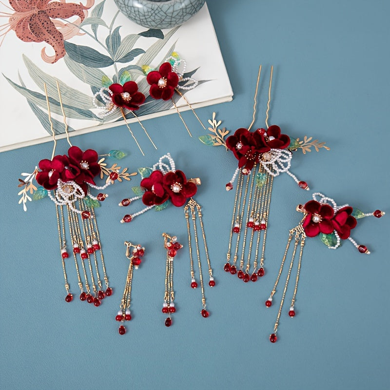 Ayollar uchun Qizil Velur Beadli Gul Sochlari va Tassel