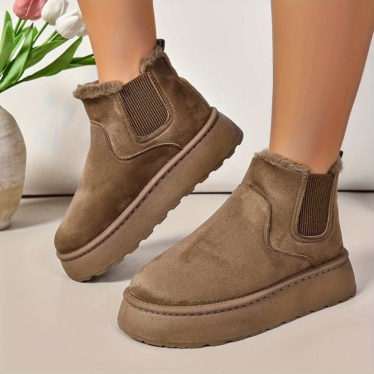 Women's Winter Slip-On Boots with Thick Platform Sole Non-Slip Traction