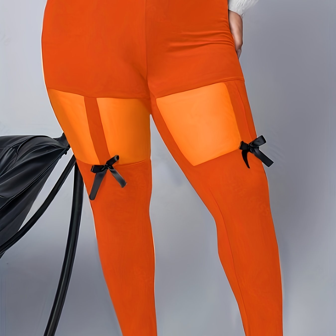 Plus Size Women's Orange Mesh High Waist Leggings with Bow Detail