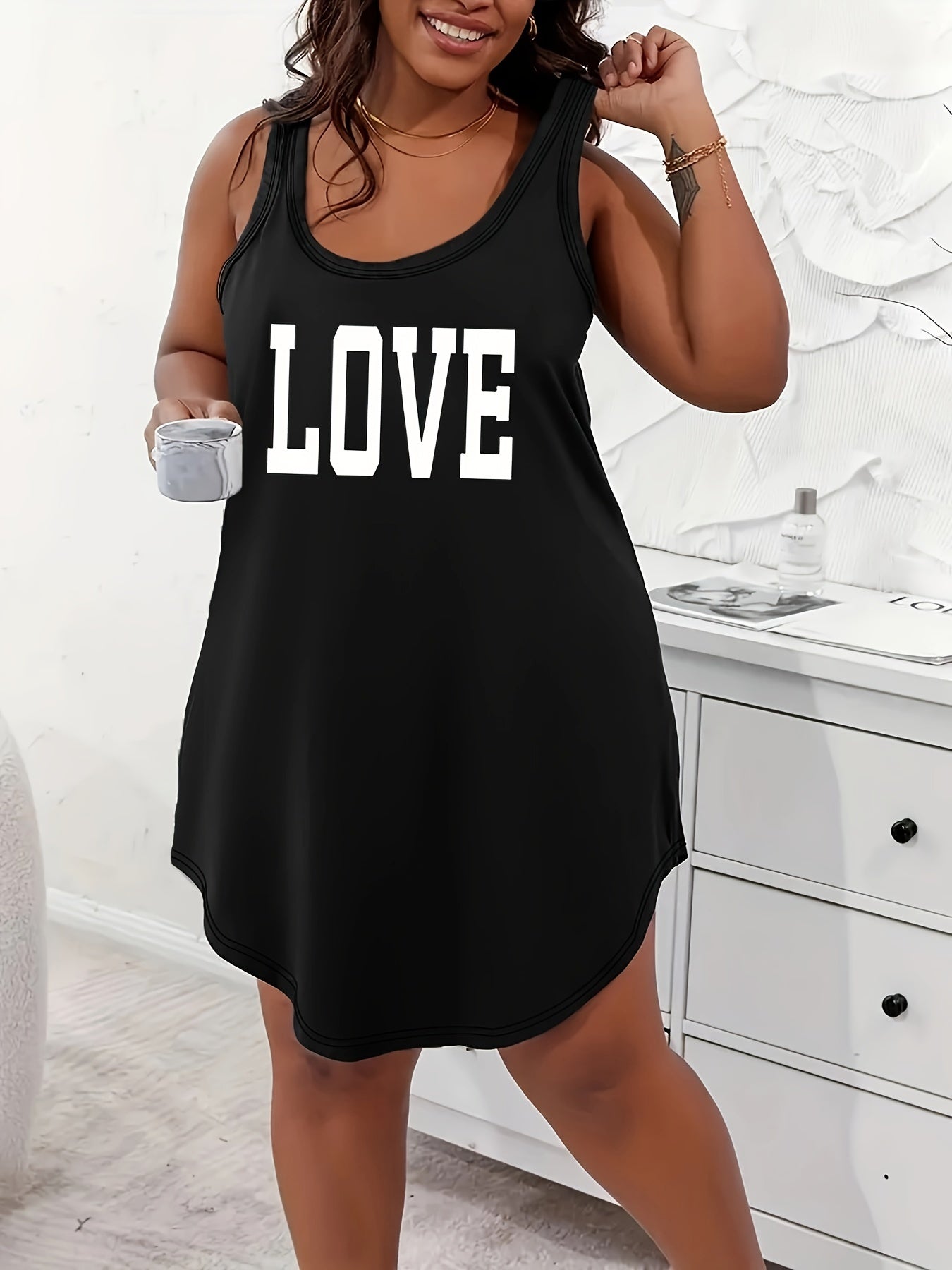 Plus Size Women's Cotton Lounge Dress Scoop Neck Racerback Home Wear