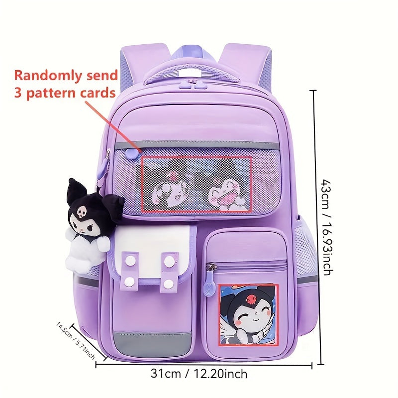 Sanrio Kuromi ruksak, sozlanadigan kamarlar, zip yopilishi va katta sig'imi bilan.