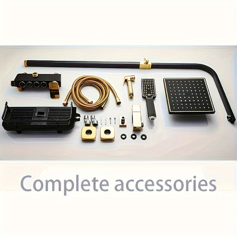 Black and Gold Shower System with Rainfall Head Handheld Spray 4-Function Tub Faucet
