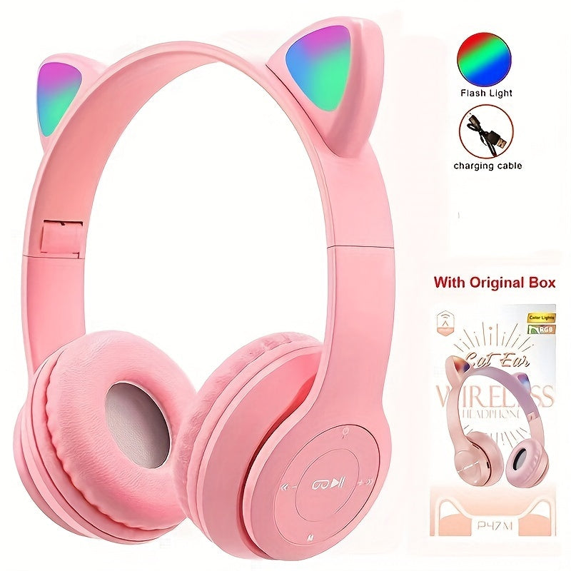 Anime Cat Ear Wireless Headphones with LED Lights Microphone and Volume Control for Cycling