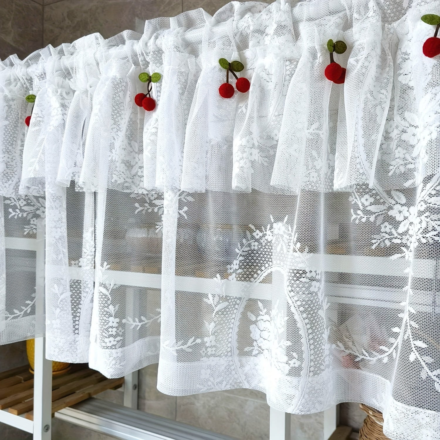 White Lace Embroidered Short Valance Curtain with Cherry Accents Sheer Voile Kitchen Window Screen