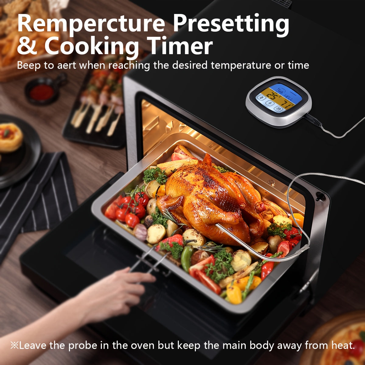 Digital Meat Thermometer with Large Touch Screen Stainless Steel Probe for BBQ Cooking Baking