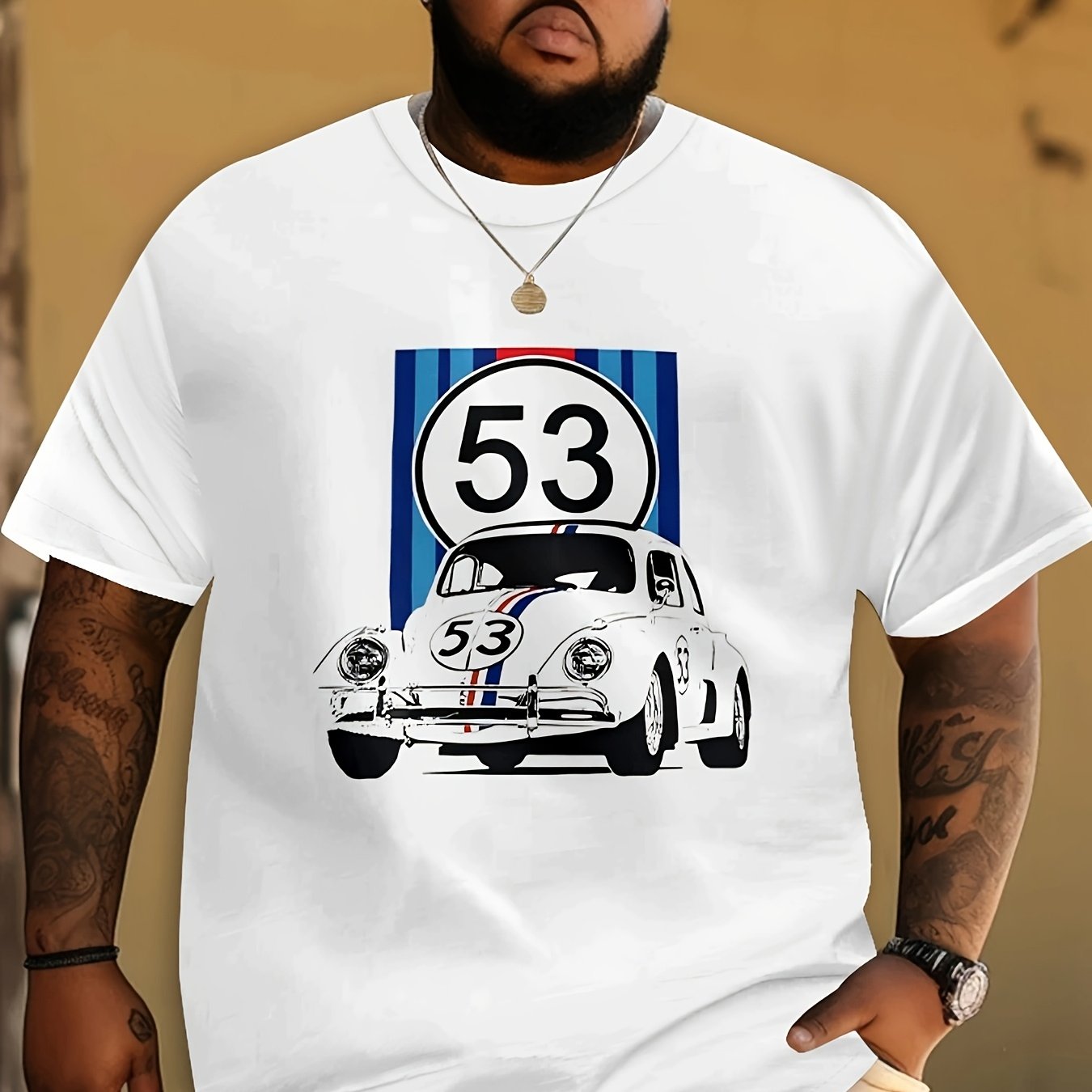 Erkaklar uchun Retro Poyga Grafik T-Shirt, 3D Chop Beetle Dizayni, Qora va Oq, Tasodifiy/Sport Uslubida Polyester Aralashmasi, KATTA O'lcham