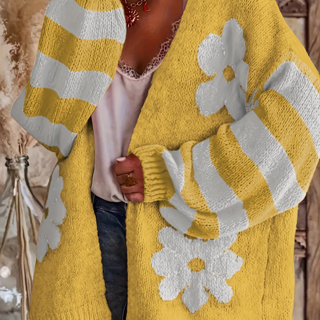 Women's Knit V-Neck Cardigan with Floral Print Oversized Sweater Pink White