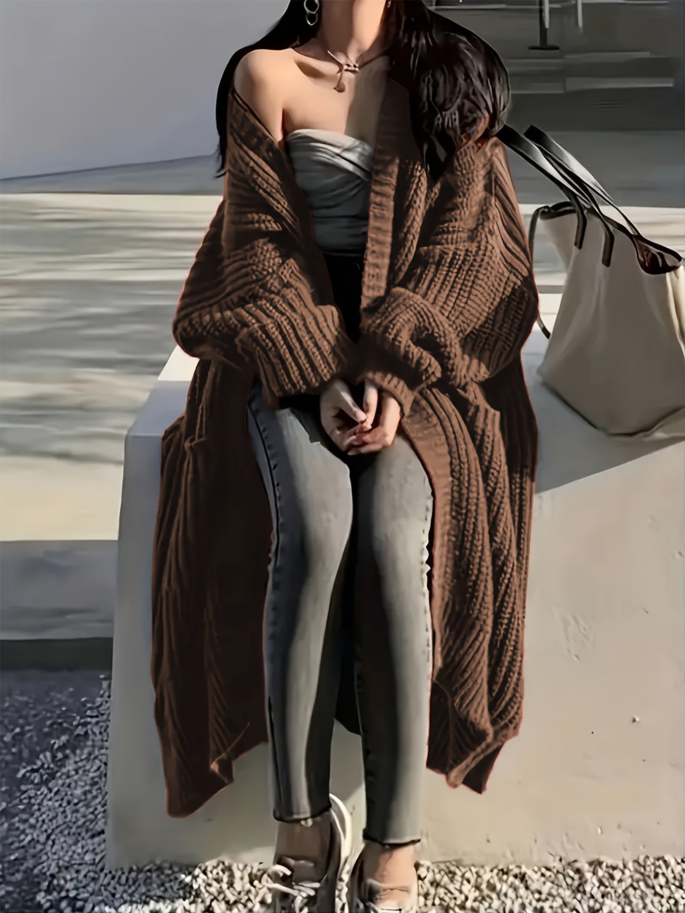 Women's Plus Size Long Knit Cardigan with Pockets V-Neck Open Front Fall Winter