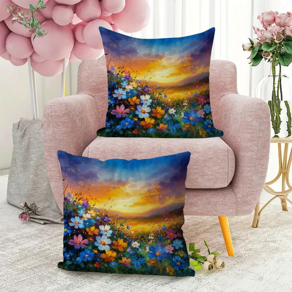 Set of 2 Flannel Throw Pillow Covers 45.72cm Sunset Garden Watercolor Decorative Cushions