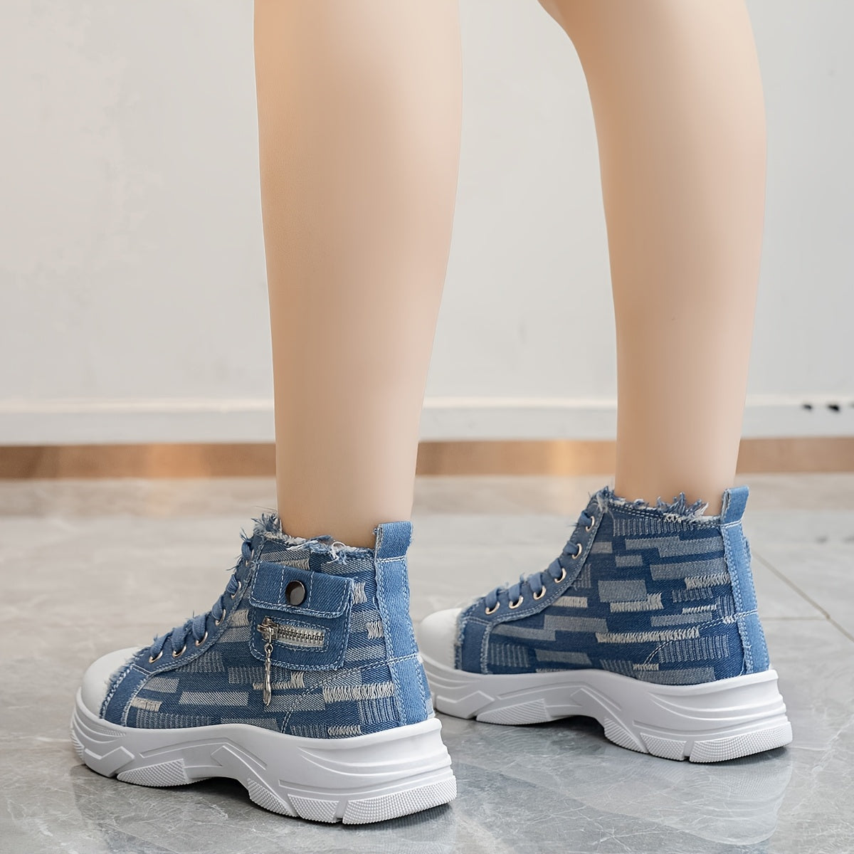 Women's Casual High-Top Sneakers with Thick PVC Sole and Breathable Denim