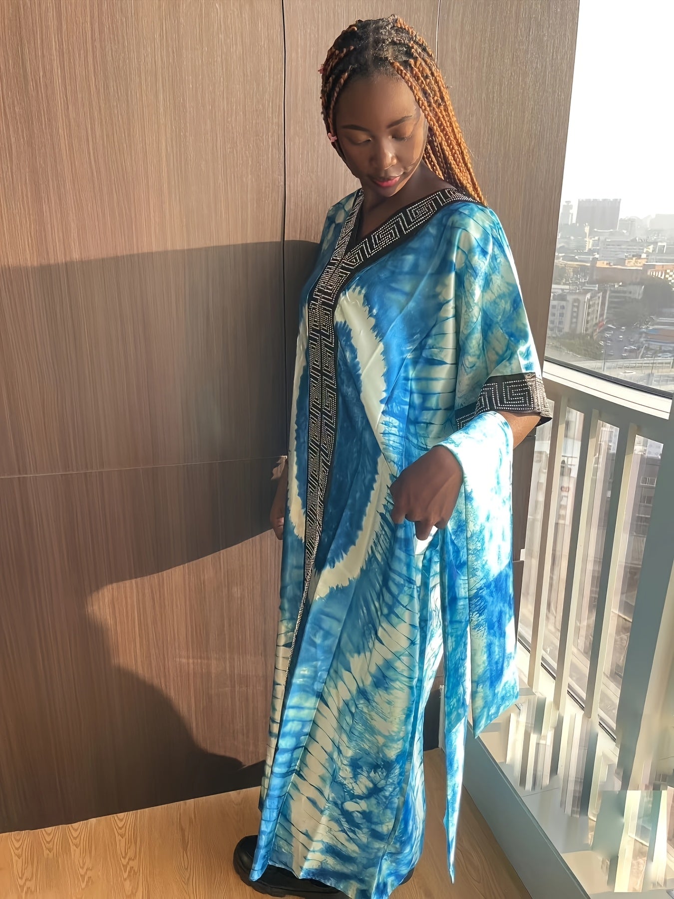 Women's Plus Size Turkish Kaftan Robe Long Dress with Rhinestones