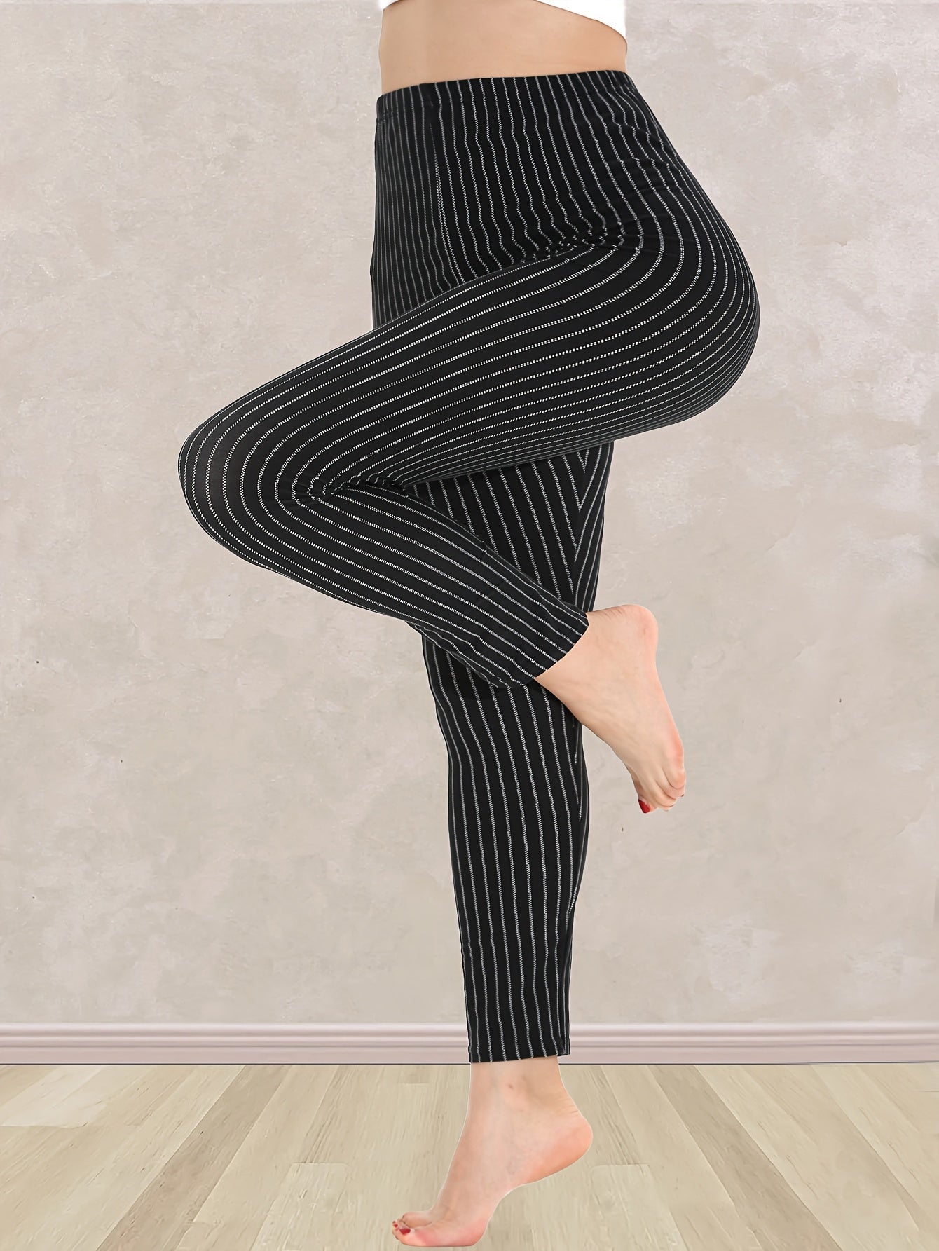 Women's Plus Size Striped Skinny Leggings High Waist Breathable Stretch
