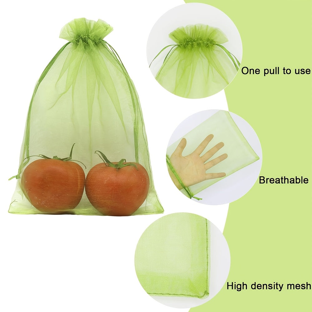 Green Breathable Mesh Fruit Protection Bags 100pcs with Drawstring for Grapes Strawberries Lemons