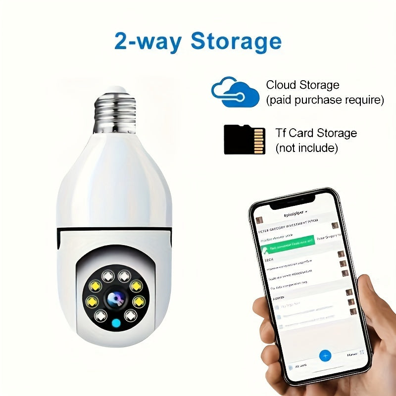 WiFi Light Bulb Security Camera 360° Pan/Tilt Two-Way Audio Cloud SD Storage White