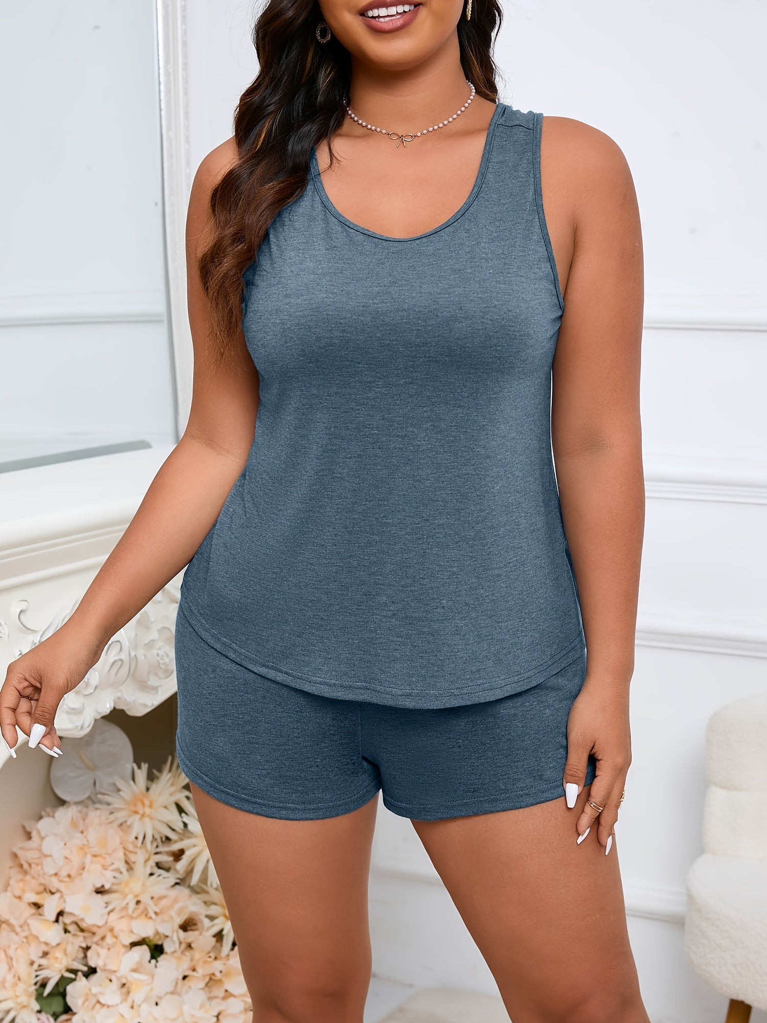 Plus Size Women's Loungewear Set Solid Crisscross Back Tank Top Shorts