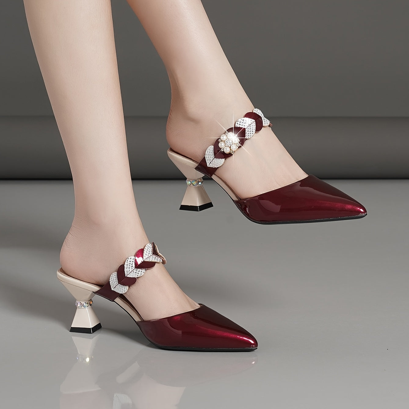 Women's Faux Pearl Buckle Slip-On Sandals with Chunky Heel and Pointed Toe