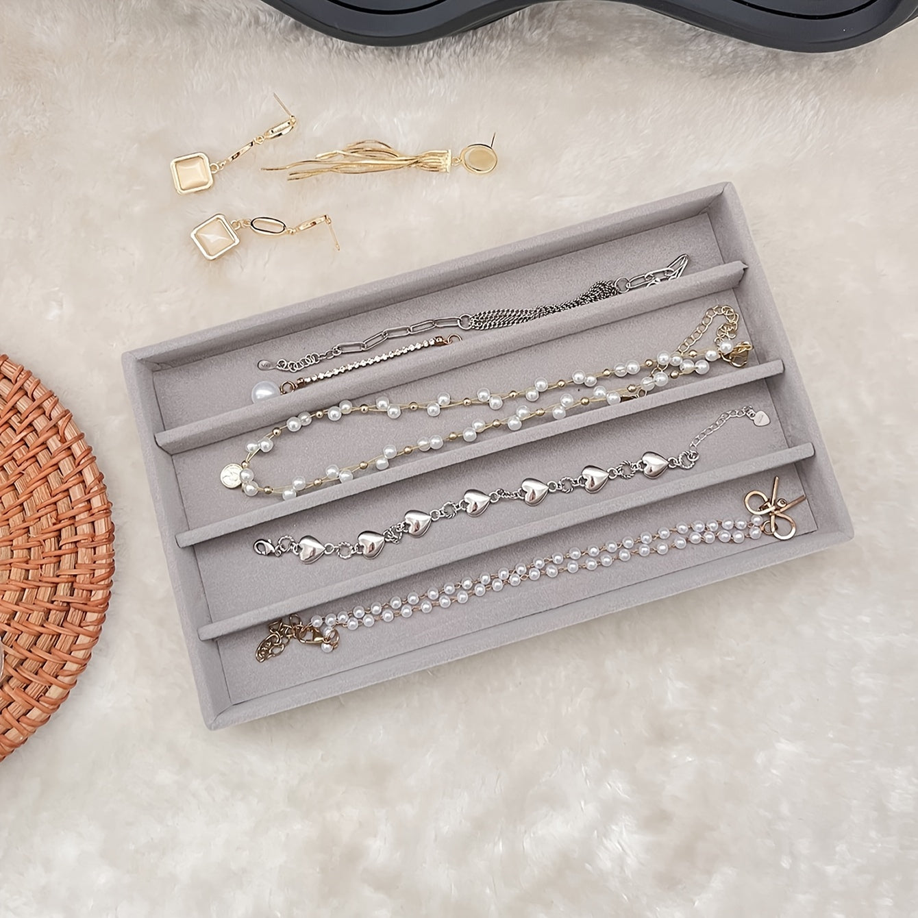 Bandeja organizadora de joyas para cajón, beige y gris, almacenamiento de pendientes y anillos con ganchos