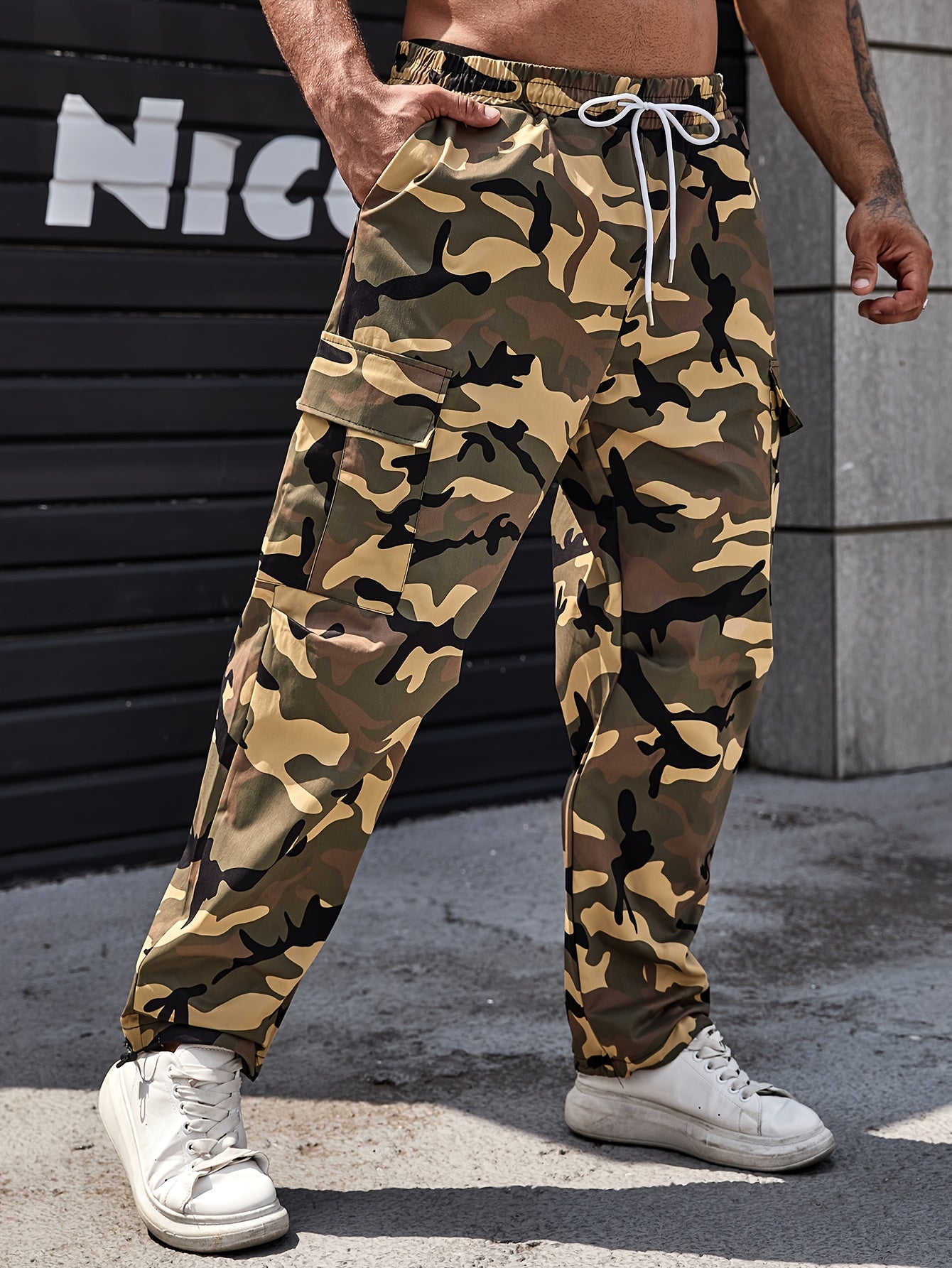 Men's Plus Size Camo Cargo Pants Polyester Drawstring Multi-Pocket Outdoor