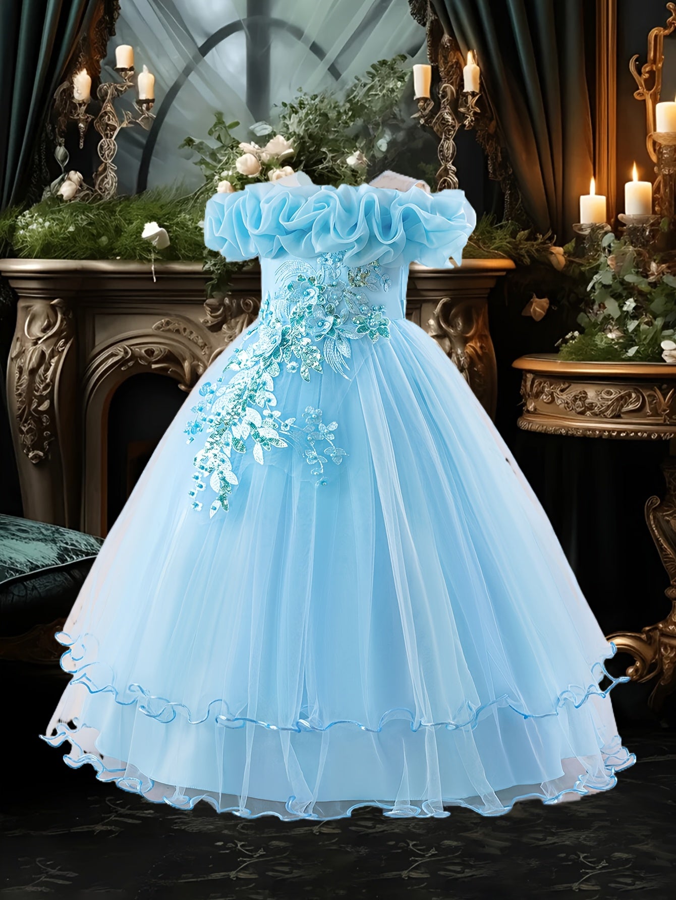 Girls' Long Embroidered Off-Shoulder Princess Dress with Pearl Tassels for Weddings and Parties
