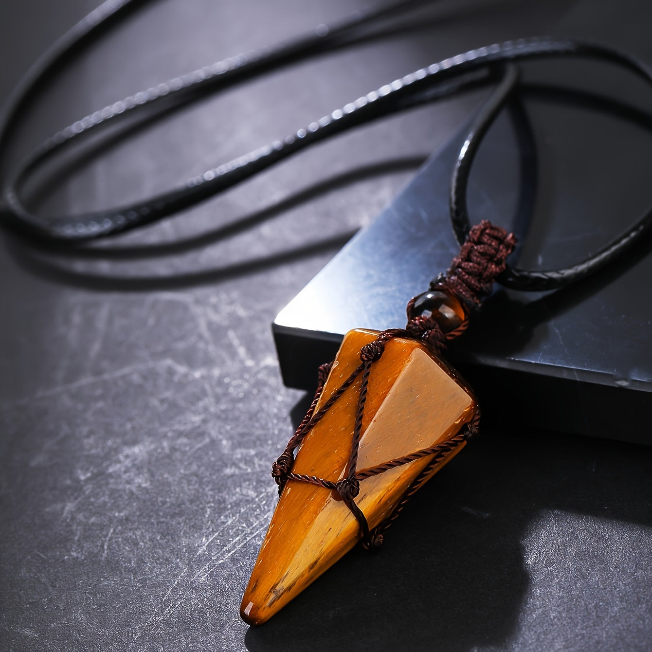 Men's Hexagonal Cone Pendant Necklace with Braided Rope and Amethyst Crystal