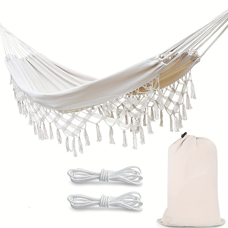 White Canvas Hammock Chair with Woven Tassels Nordic Style for Patio Garden Use