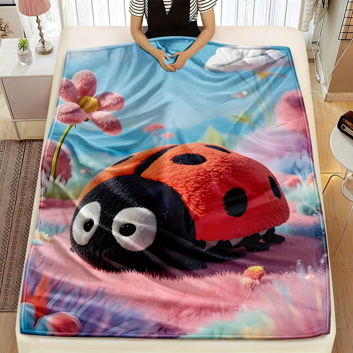 Ladybug Plush Throw Blanket All-Season Knit Soft Polyester for Kids and Home