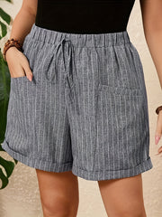 Pantalones cortos casuales de pierna ancha a rayas para mujer, poliéster, spandex, falso cordón