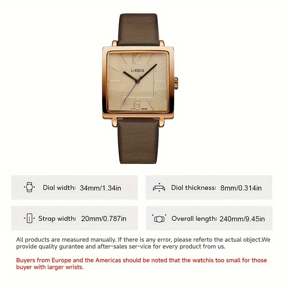 Women's Large Square Quartz Watch with Analog Dial and PU Leather Strap