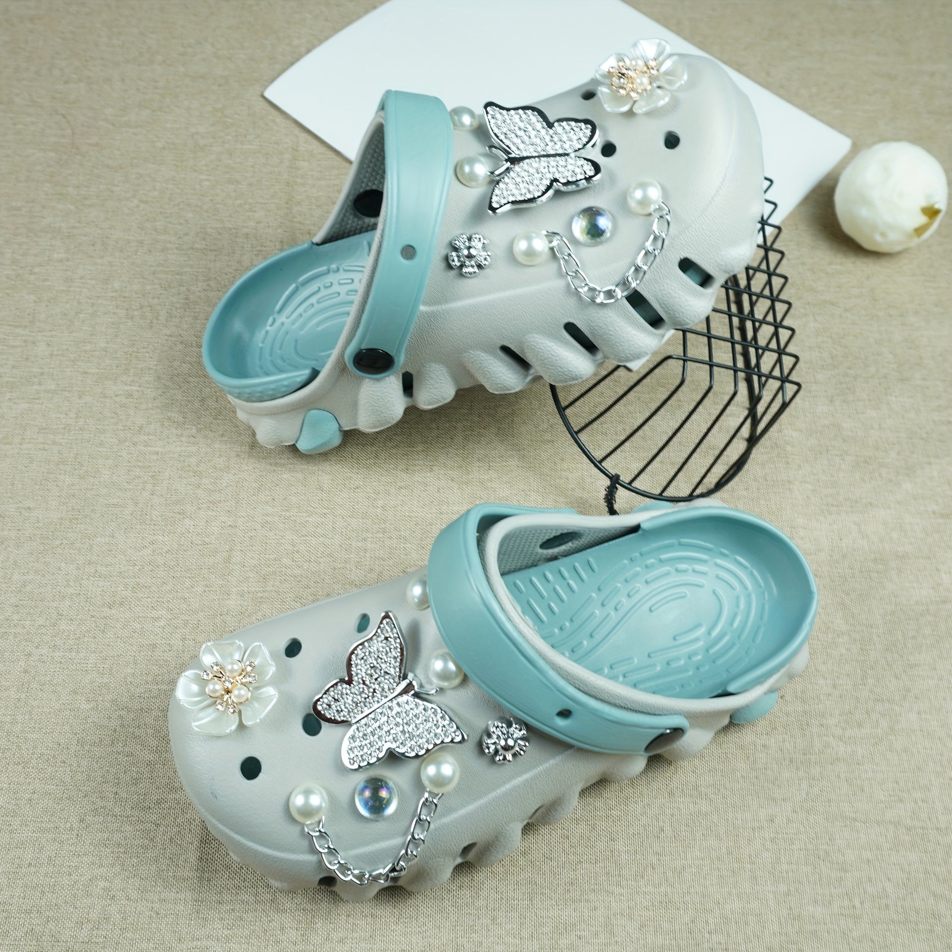 Women's Color-Block EVA Clogs with Rhinestone Butterfly and Flower Charms
