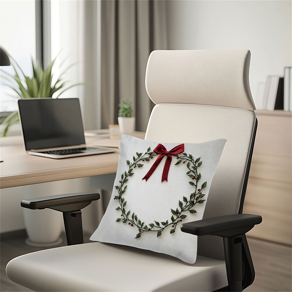 Embroidered Mistletoe Wreath Pillow Cover 100% Polyester Square Zippered Cushion Case