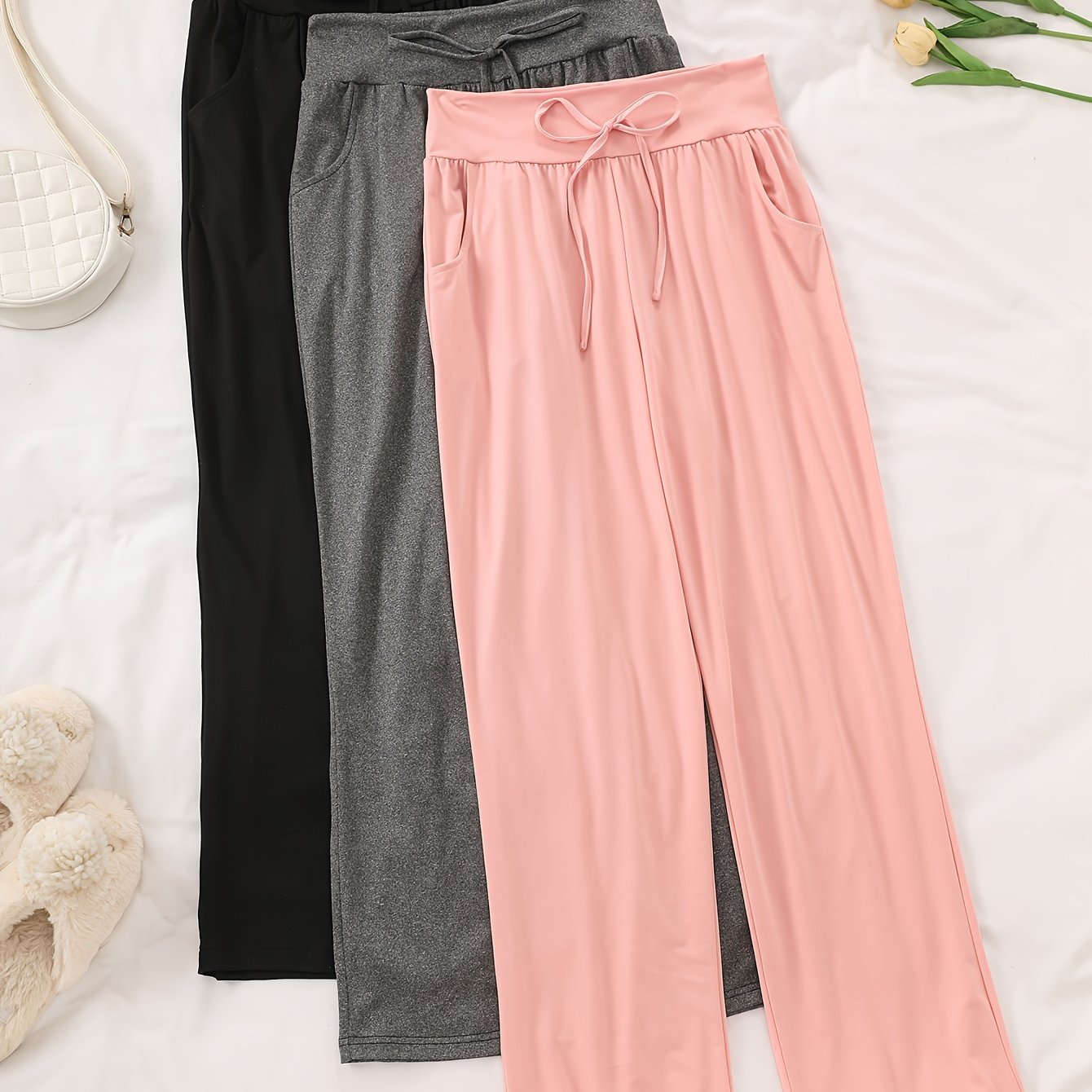 Women's Cozy Pajama Pants 3-Pack Polyester Elastane Black Gray Brown