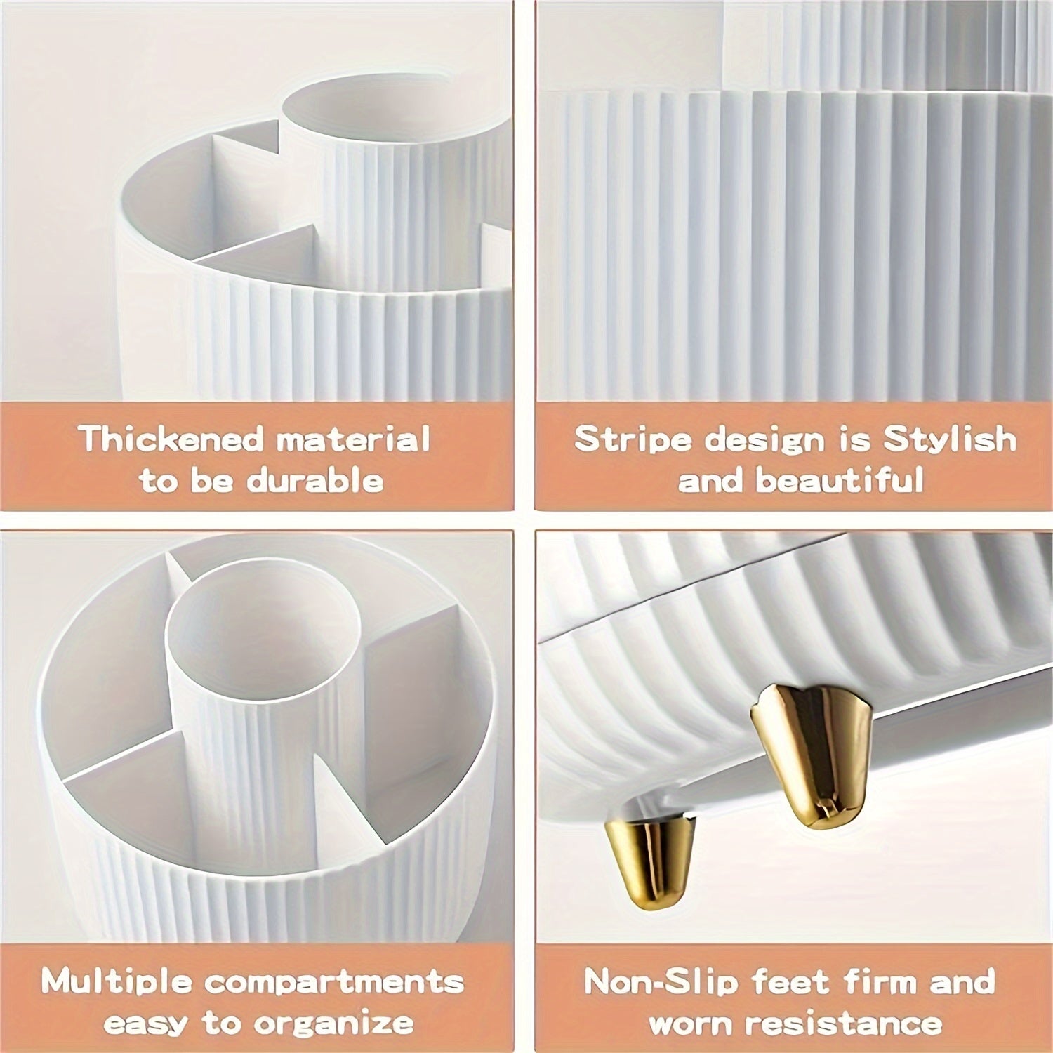 Kozmetik va kanstelyariya uchun 5 ta bo'limli, mustahkam aylanuvchi tashkilotchisi, hashamatli chiziqli dizayn.