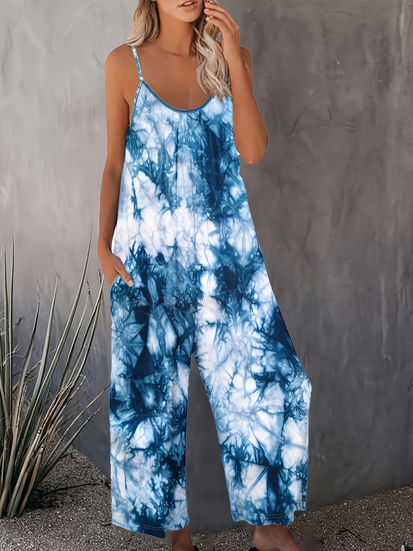 Plus Size Tie Dye Print Sleeveless Jumpsuit Casual Womens Clothing