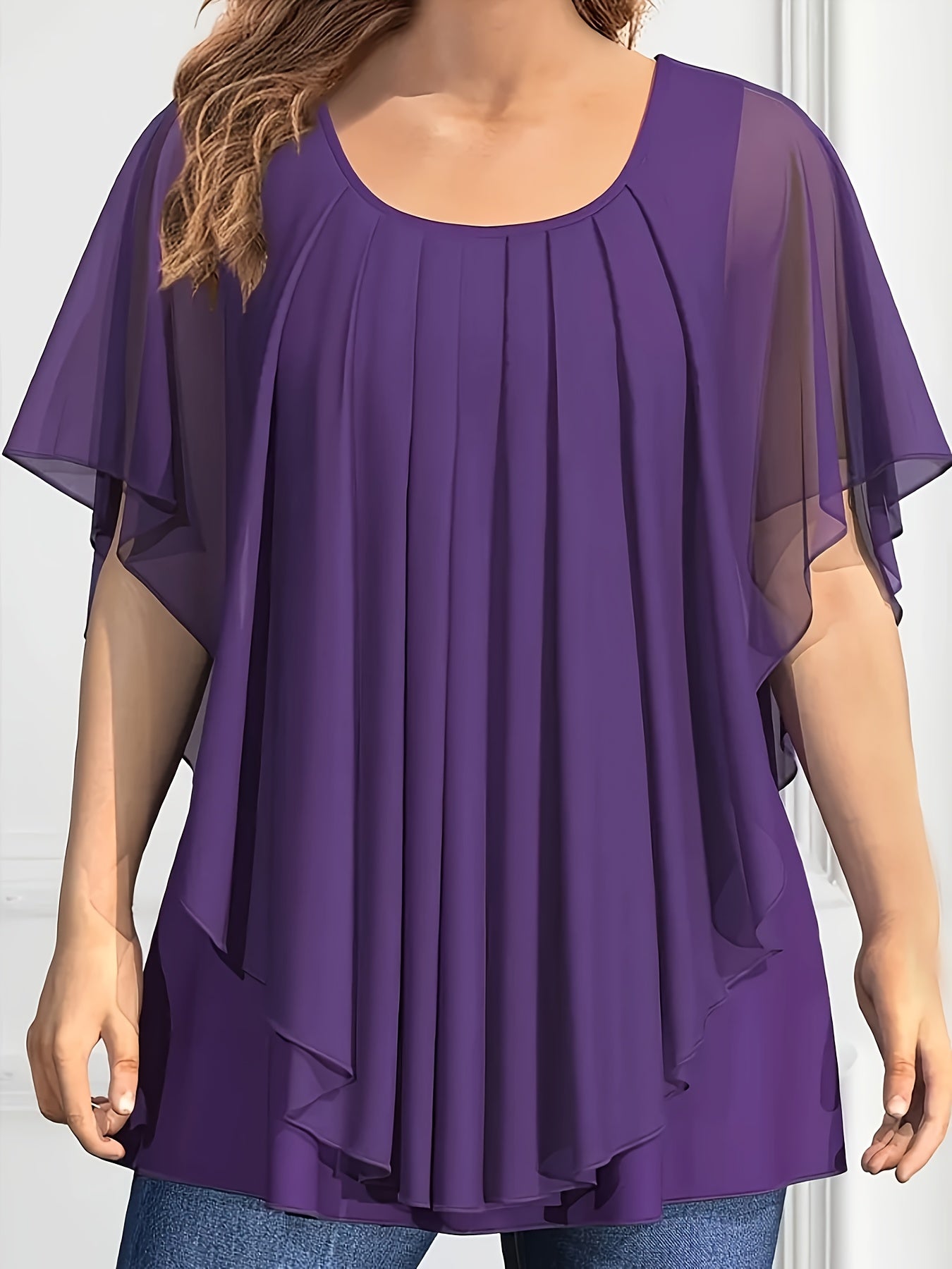 Plus o'lchamli bukilgan qisqa qo'lli bluz, kundalik krujka bo'yinli yozgi ayollar kiyimlari