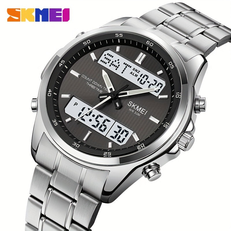 Reloj de negocios impermeable para hombre con doble pantalla, pulsera de acero luminosa y multifunción