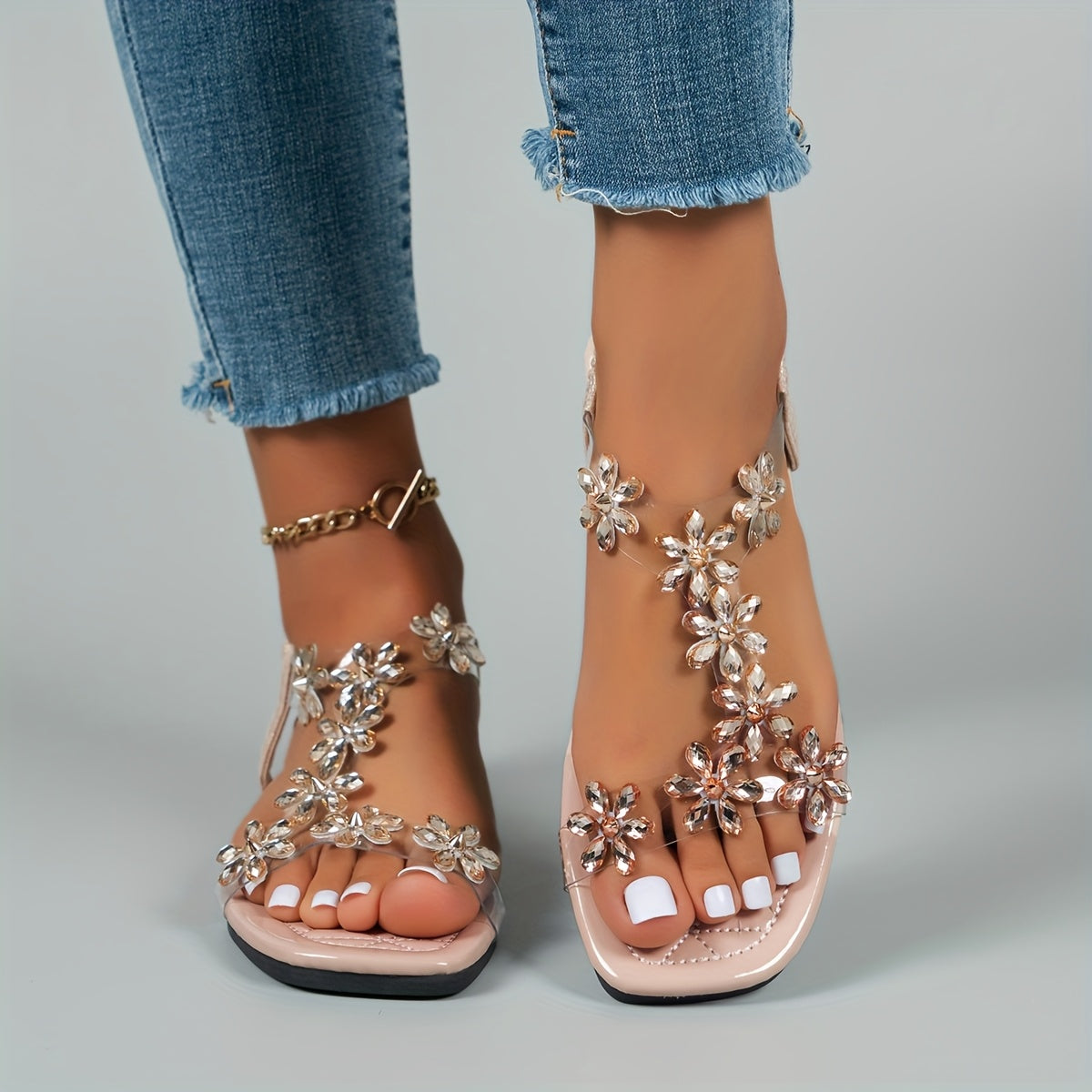 Women's Floral Embellished Slip-On Flat Sandals Open-Toe Casual Shoes