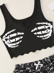 Women's Skull Print Pajama Set with Lettuce Trim Tank Top and Shorts for Loungewear and Sleepwear