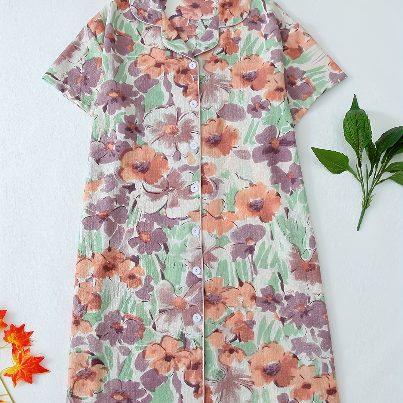 Plus Size Floral Print Boho Sleep Dress Short Sleeve Nightgown