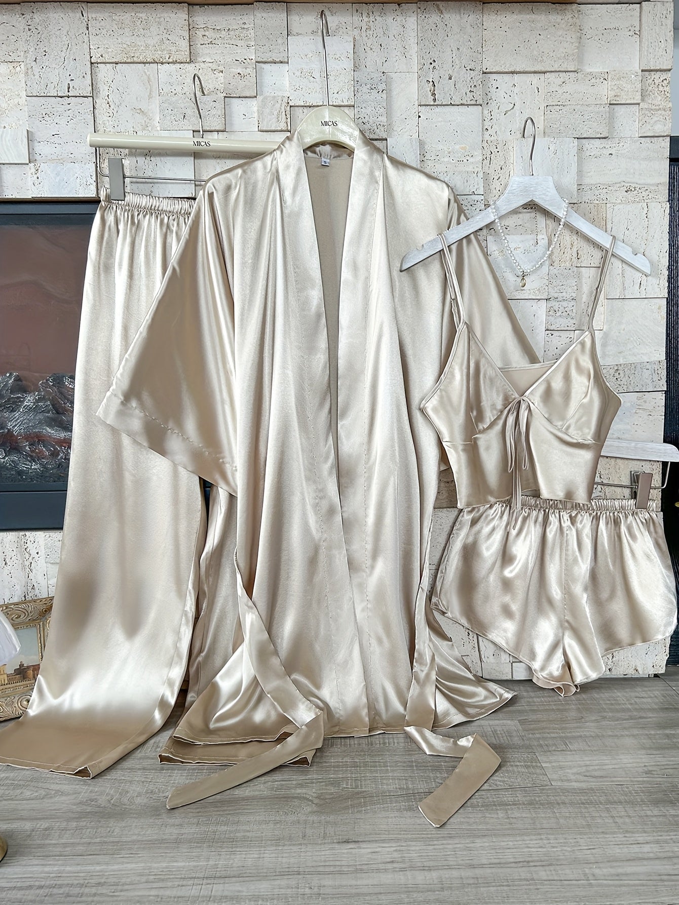 Women's Satin Pajama Set Includes V-Neck Robe with Sash Mini Bralette and Shorts Solid Color Polyester Fall Winter Sleepwear